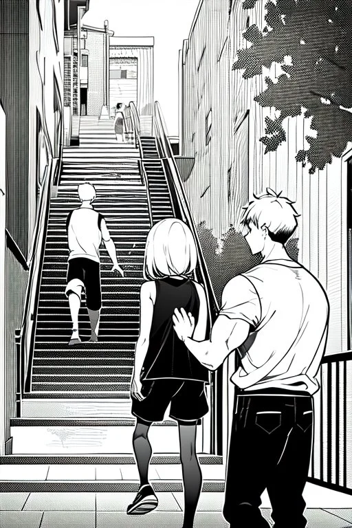 a boy in shorts sleeveless shirt climbs the stairs, greyscale