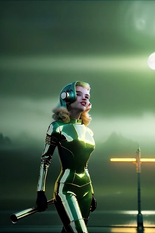 Ultra Realistic retro sci-fi scene, portrait, 2 blonde woman clones, sweet young Marilyn Monroe face, perfect iris, tight latex coat, helmet, Strange planet background. Spaceship, fog, rain, soft color, highly detailed, unreal engine 5, ray tracing, RTX, lumen lighting, ultra detail, volumetric lighting, 3d, finely drawn, high definition, high resolution.