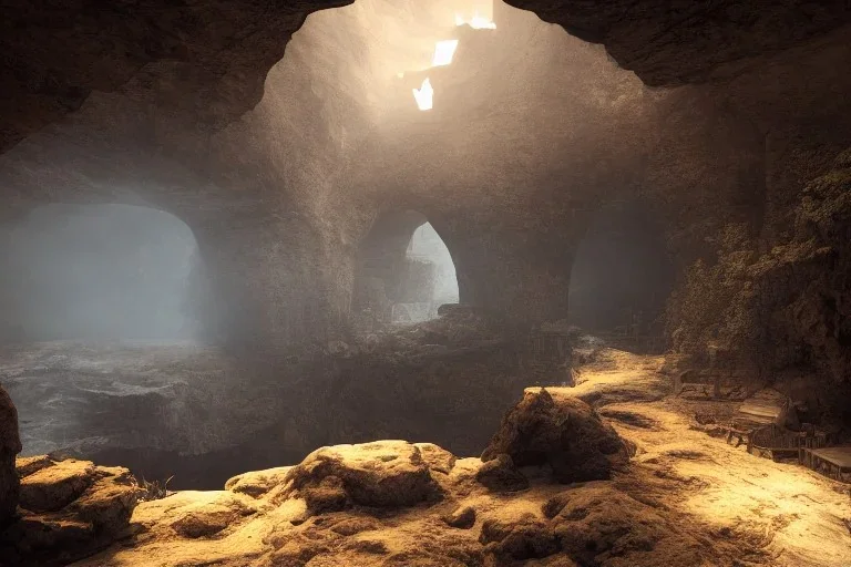 full landscape, ancient city, in cave, atmospheric, realistic, unreal engine, cinematic lighting, octane render.