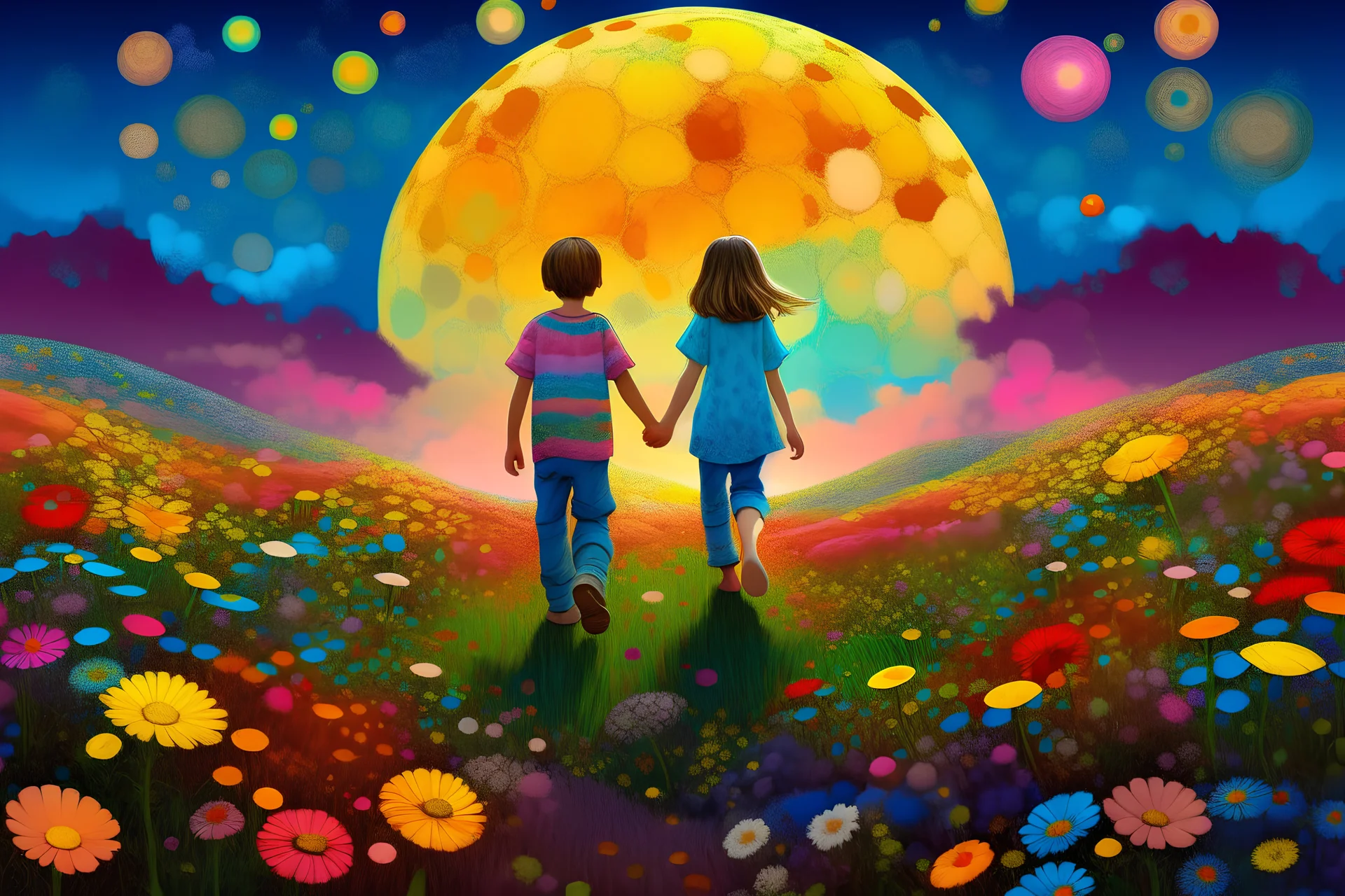 two children walk hand in hand through a field of psychedelic wild flowers aa woman in the full moon overhead calls to them to join her.