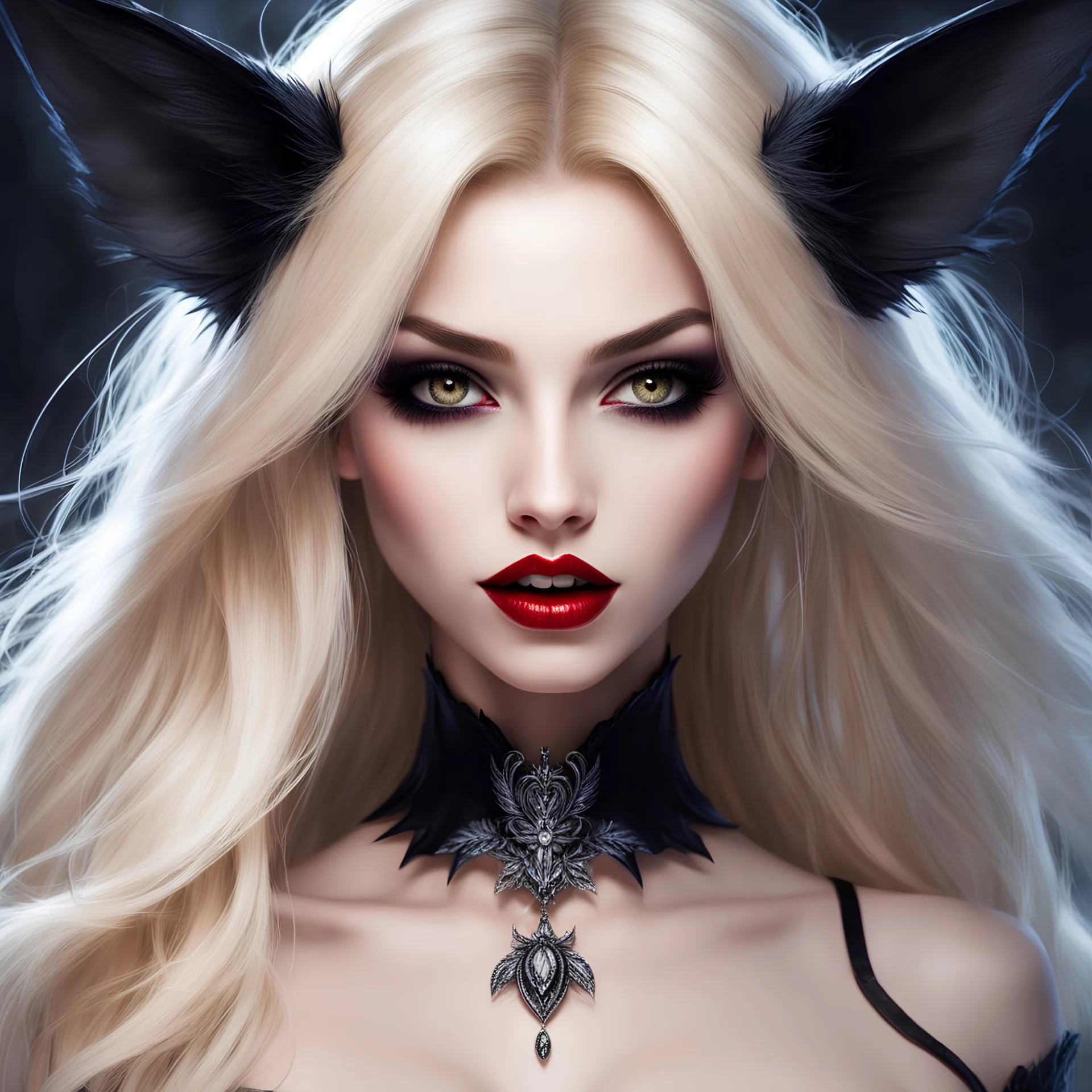 n this visually striking image, a vampire monster girl takes center stage, captivating the viewer with her presence. With her mouth agape, revealing her sharp fangs, she exudes an air of danger and allure. Her long eyelashes flutter with intensity, adding to her aura of mystery. Adorned with fake animal ears that perfectly match her blonde hair, she wears it in a unique style - a split ponytail with strands falling gracefully between her eyes and the rest flowing behind her ears. A delicate cors