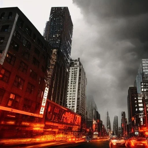 giant monster, destroying downtown New York city, dramatic, dramatic lighting, volumetric lighting, hyperrealism, 8k, high quality, photorealistic, lot of details