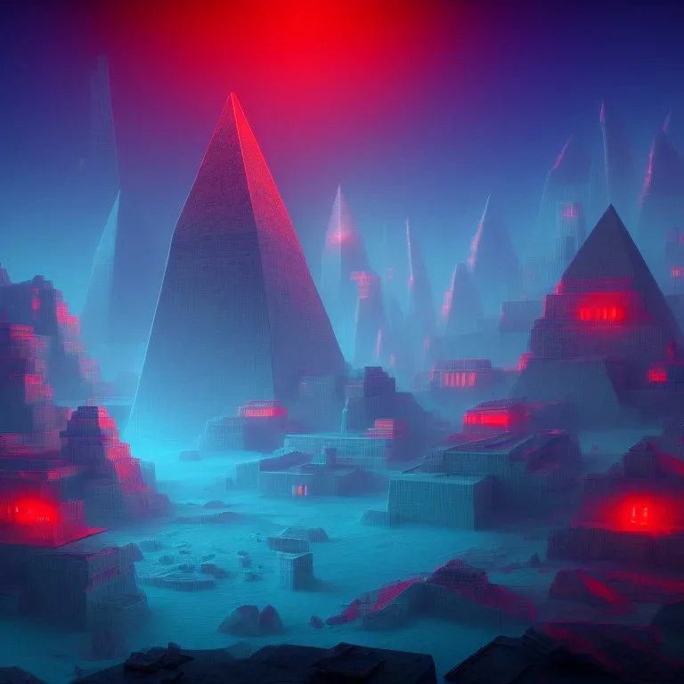 sci-fi city underwater with pyramids and ancient writings, mood is gloomy, colors include blue and red and green, shafts of lighting, mist, , photorealistic, , volumetric light, cinematic