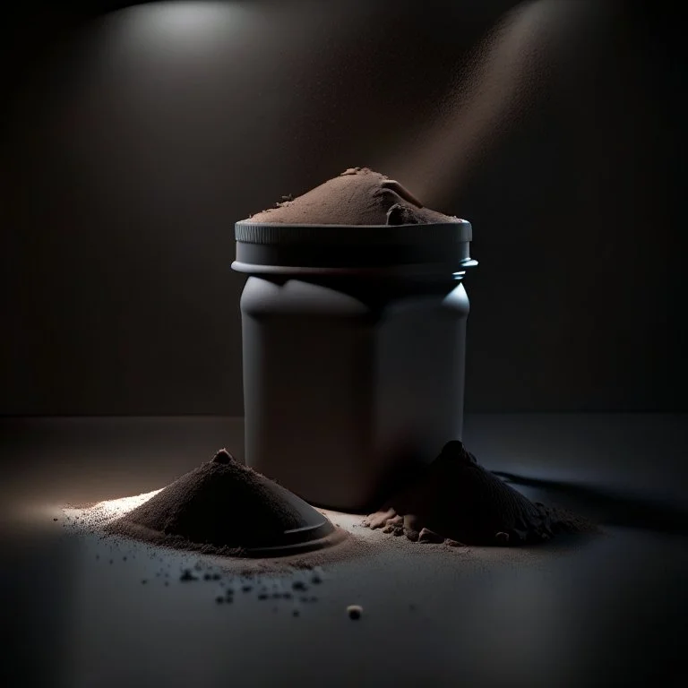 Realistic photograph of a dark studio with a container for protein powder, a scoop of protein powder. High resolution.