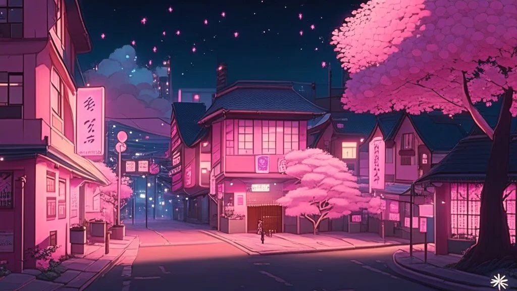 Cute pink-aesthetic anime town at night, lofi with sparkles