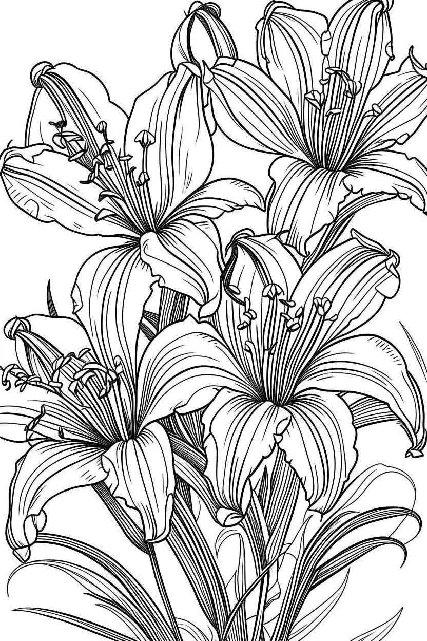 Outline art for coloring page, LILIES WITH STEMS, coloring page, white background, Sketch style, only use outline, clean line art, white background, no shadows, no shading, no color, clear