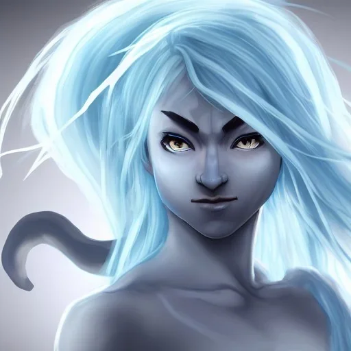 Female Air Genasi Monk dungeons and dragons character, with light blue skin, flowing white hair, grey eyes, and calm facial expression