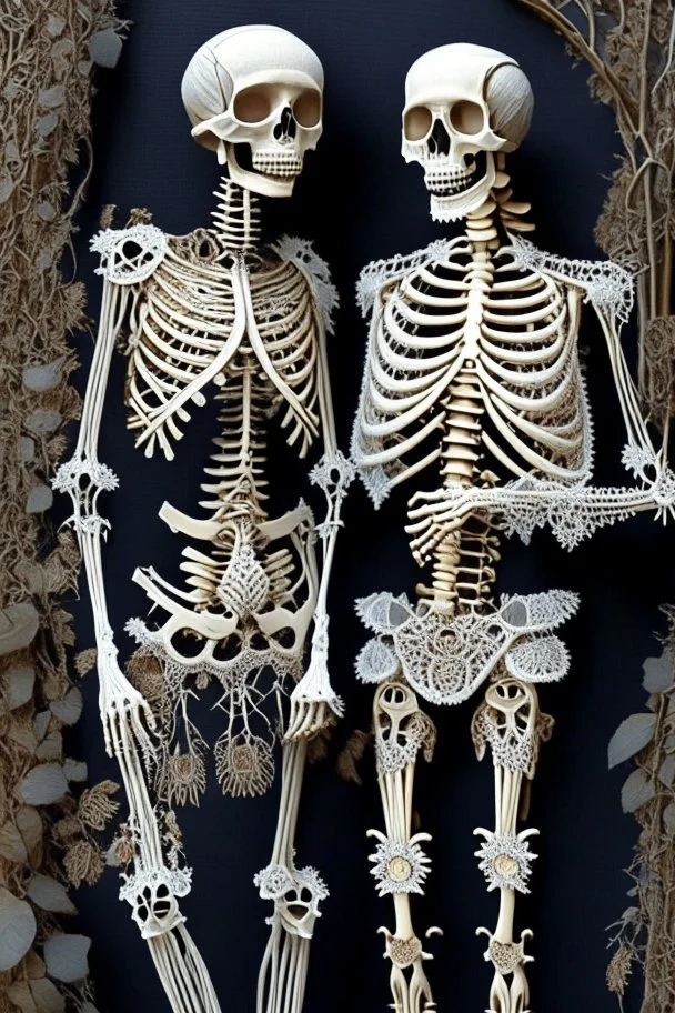 Celebrity skeleton couple dressed in intricately detailed designer suits made from macrame and quilling found in nature.