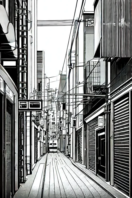 Tokyo alley, line arts, greyscale