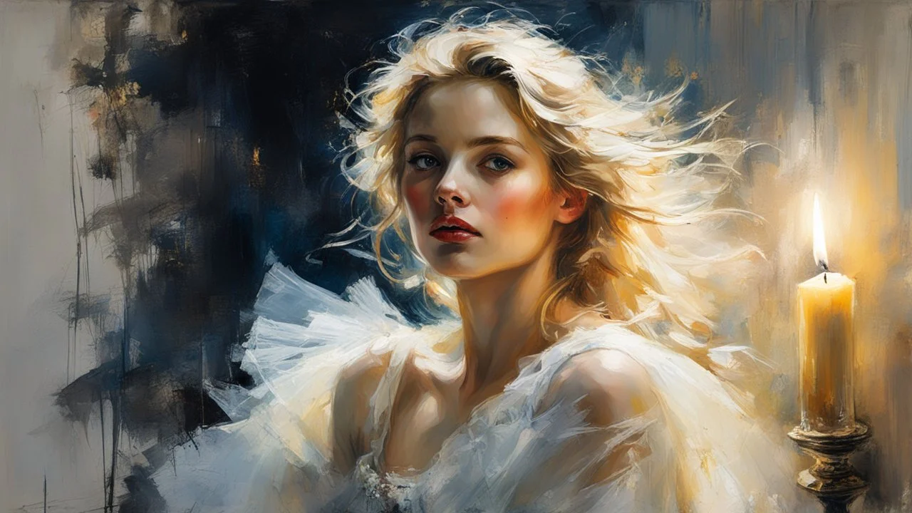 Portrait of a man and a stunningly beautiful blonde woman, made of tulle, detailed fabric painting, Candlelight Insanely detailed painting by Pino Daeni, Jeremy Mann, Carne_Griffiths, Vadim Kashin, James Gurney, texture, 16k resolution, fine art, natural light, beautiful