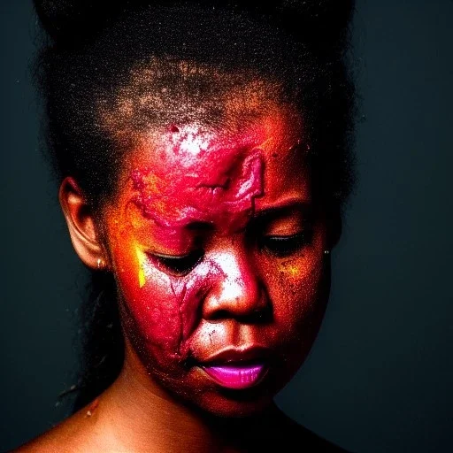 a brain exploding. kintsugi. Chaos. Portrait of a young black woman crying.a mind fracturing.confusion. Tears the colour of oil. Depression seeping out of her eyes nose and mouth like a oil spill