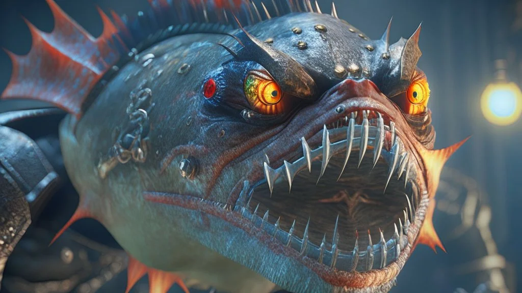 piranha humanoid supervillain, photorealistic, unreal engine 5, masterpiece, trending on artstation, 8k resolution, sharp focus