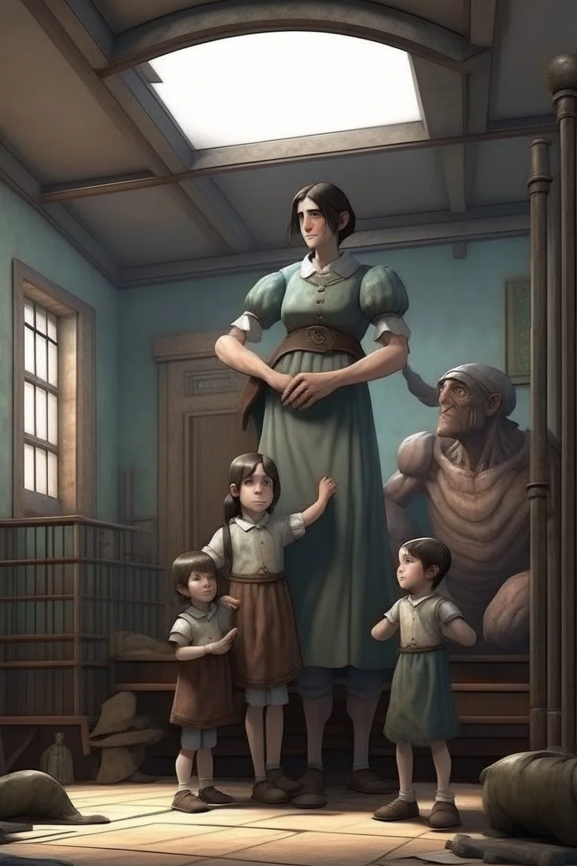 a giant woman protect 3 children, realistic style, interior of asylum