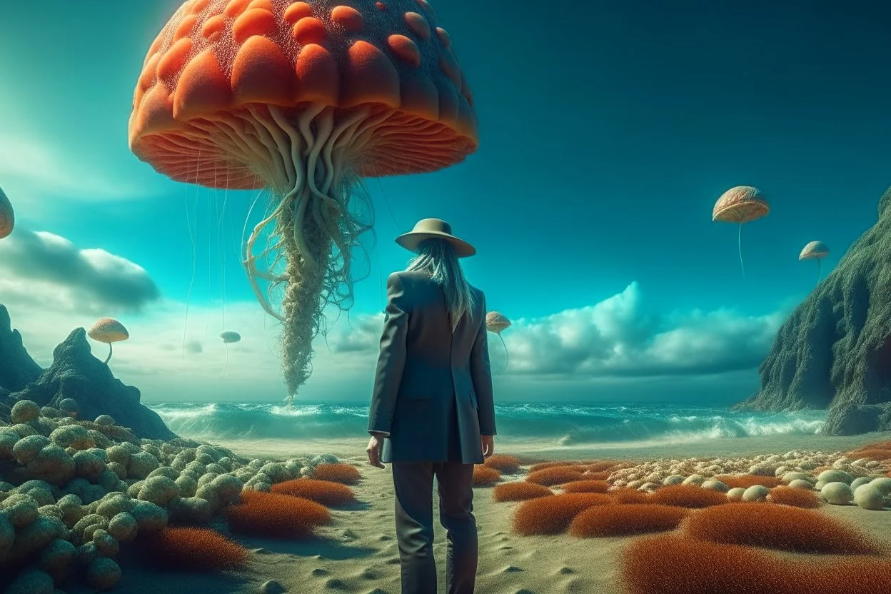 woman in a form-fitting suit, standing on a beach of an alien world, watching mushrooms with jellyfish tentacles in the sky, photorealistic, Detailed Matte Painting, Deep Colour, Fantastical, Intricate Detail, sunshine