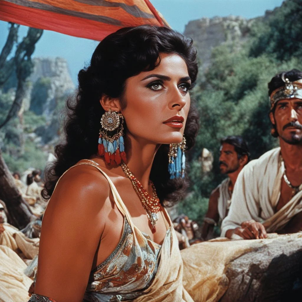 [Jason and the Argonauts (1963)] In the heart of a bustling Gypsy encampment Svetlanathe charismatic Gypsy Leader, sits beneath a brightly colored canopy. Her dark eyes, filled with wisdom and authority, scan the surrounding commotion. As the Gypsy Guide, Raul, approaches her with a determined stride, she senses his urgency and beckons him to join her.