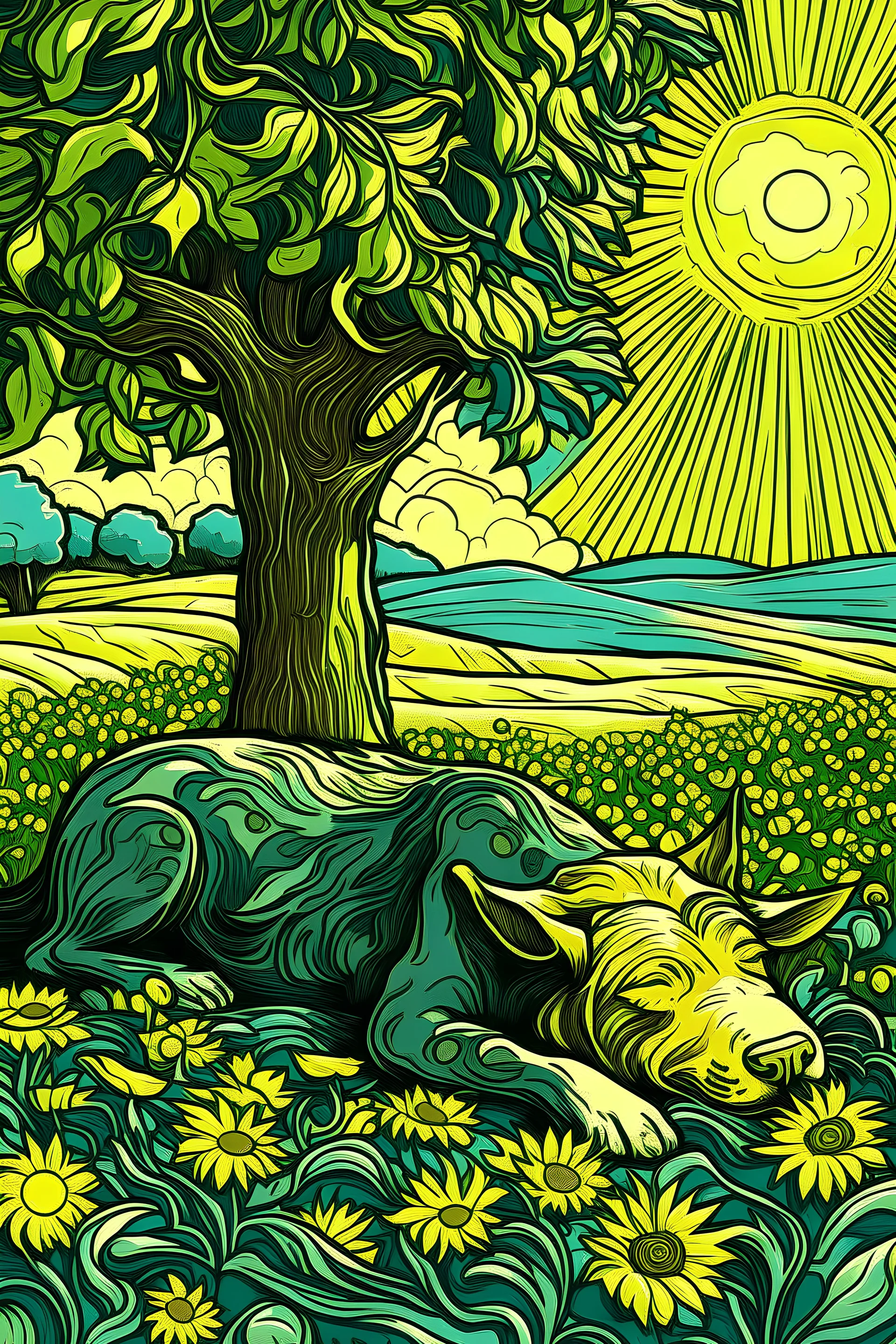 vaca amamantando reposada en un campo de girasoles, el sol brillando y un arbol grande en el fondo, al estilo van gogh