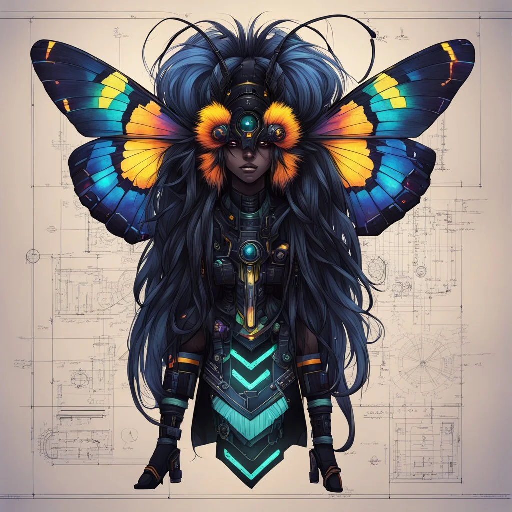 full body portrait illustration , long hair, with detailed blueprints and engineering schematics of a walking hybrid Madagascan sunset moth insect girl, antennae, neck fur, black sclera, in anime style, with highly detailed facial features, drawings, and technical notation, 8k, vibrant natural colors