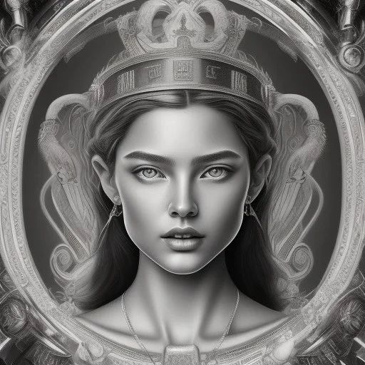 Oliver Barrett art style Portrait of "Greek Mythology Goddess Athena Laurel crown " with white elegant old greek apparel.extremely detailed face, ,perfectly centered image,intricate detail.dark hair, sharp dark eyes, bright blue lighting, sarcastic smile, sharp focus hair.