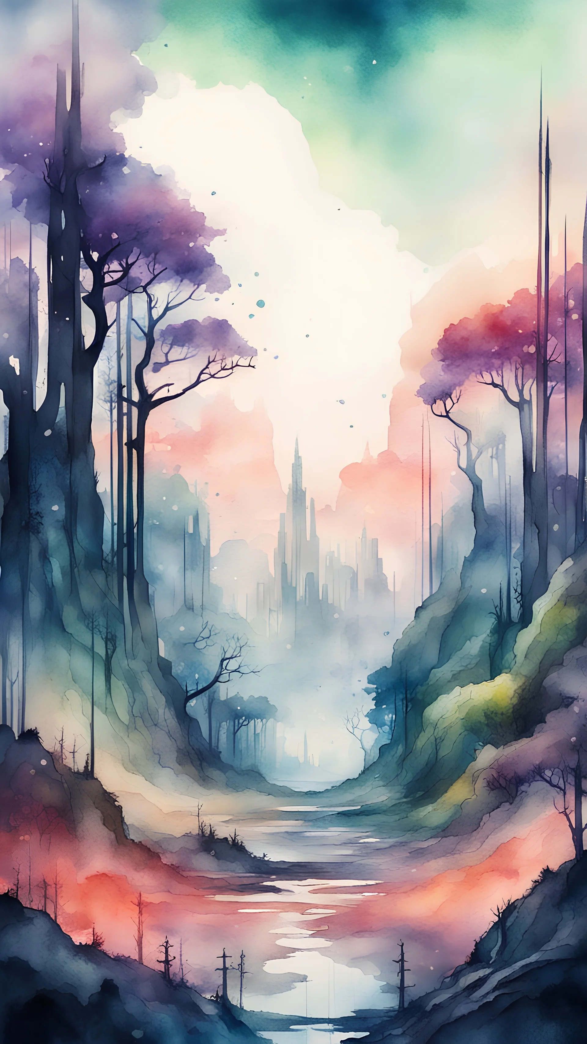 Landscape view in fantasy cyberpunk style with trees, watercolour