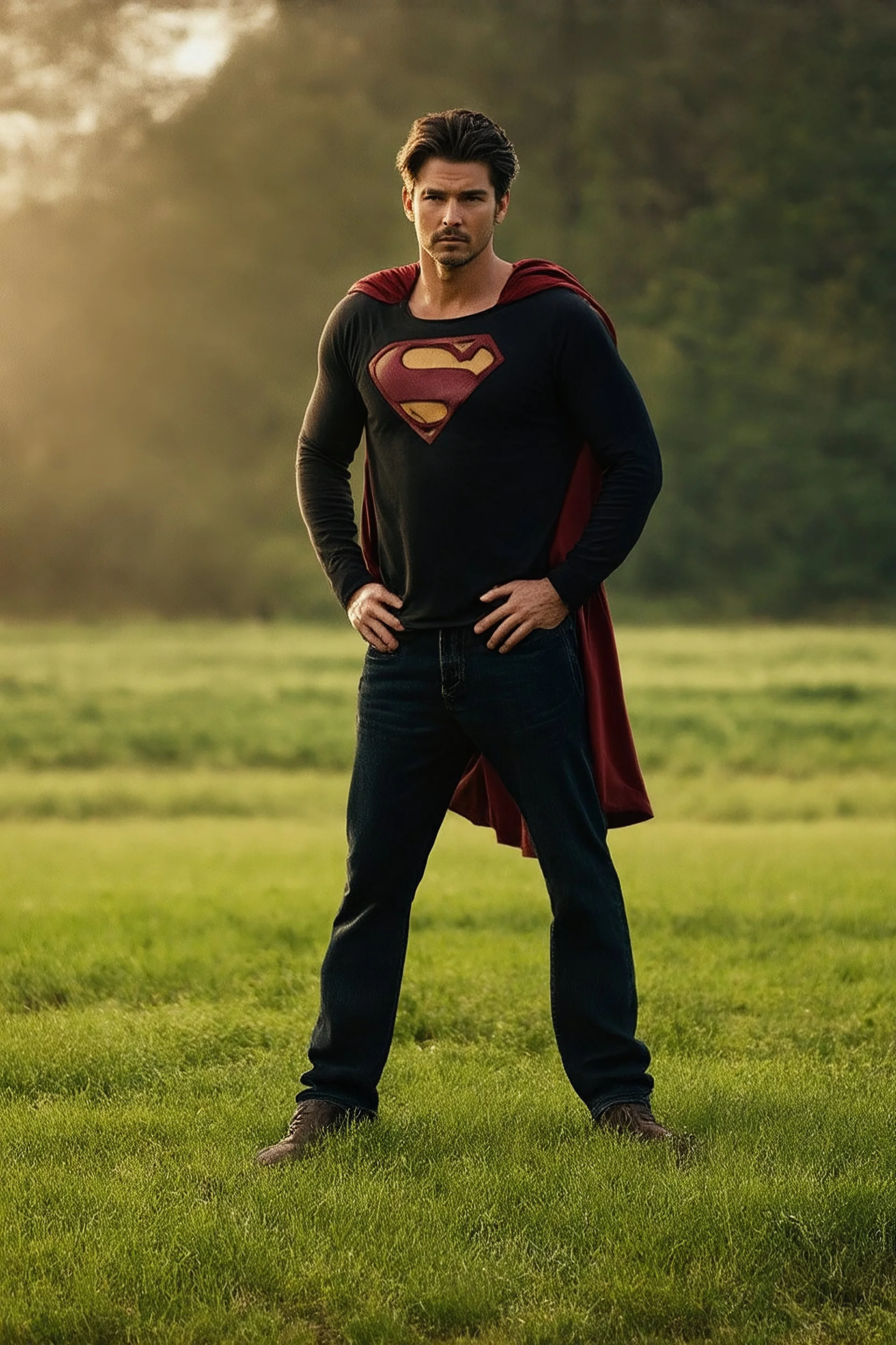 Full-length image, head to toe, create a photorealistic portrait of an extremely muscular Tom Welling Superman as an old man, with (dyed black hair:1.3), and gray temples and sideburns, standing outside the Kent Farmhouse in a green field with his hands on his hips, in the late afternoon, with natural sunlight casting warm golden light across his face revealing every wrinkle and the texture of his skin, sharp focus on his eyes showing depth, moisture, reflections, with a soft bokeh background