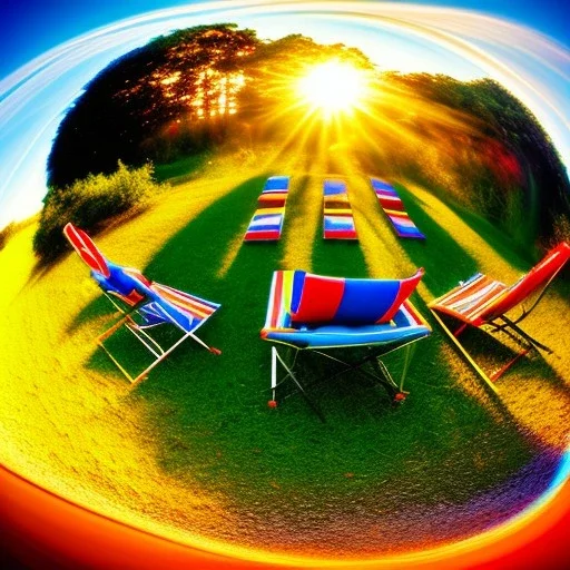 Sunset in a tropical jungle with lawn chairs, blue red and yellow. Distorted. Fisheye. Bokeh. Blur.