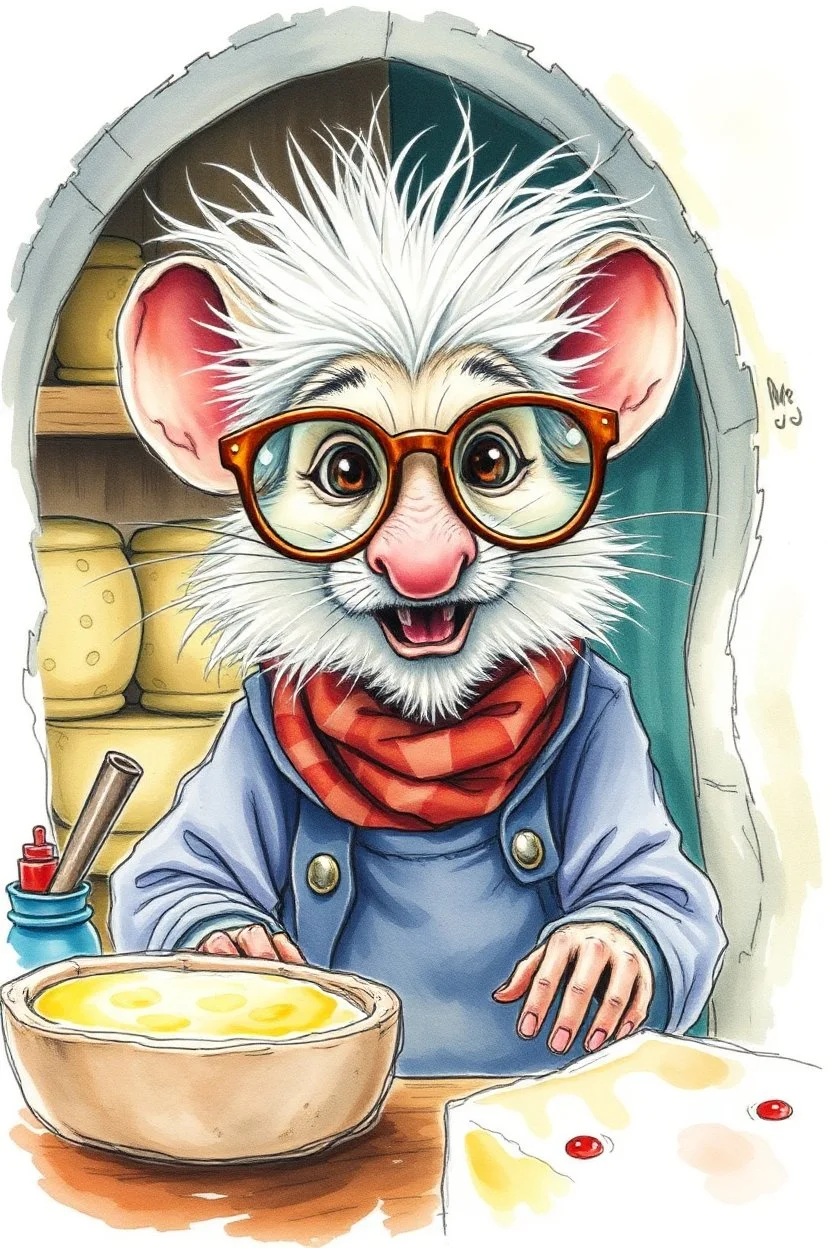 SKETCH WATERCOLOR PASTEL COLOURS - “Mr. Whiskers McStreusel crazy old mouse inside his magic cheese shop, a wiry fellow with wild white hair and glasses so large they practically covered his whole face.”