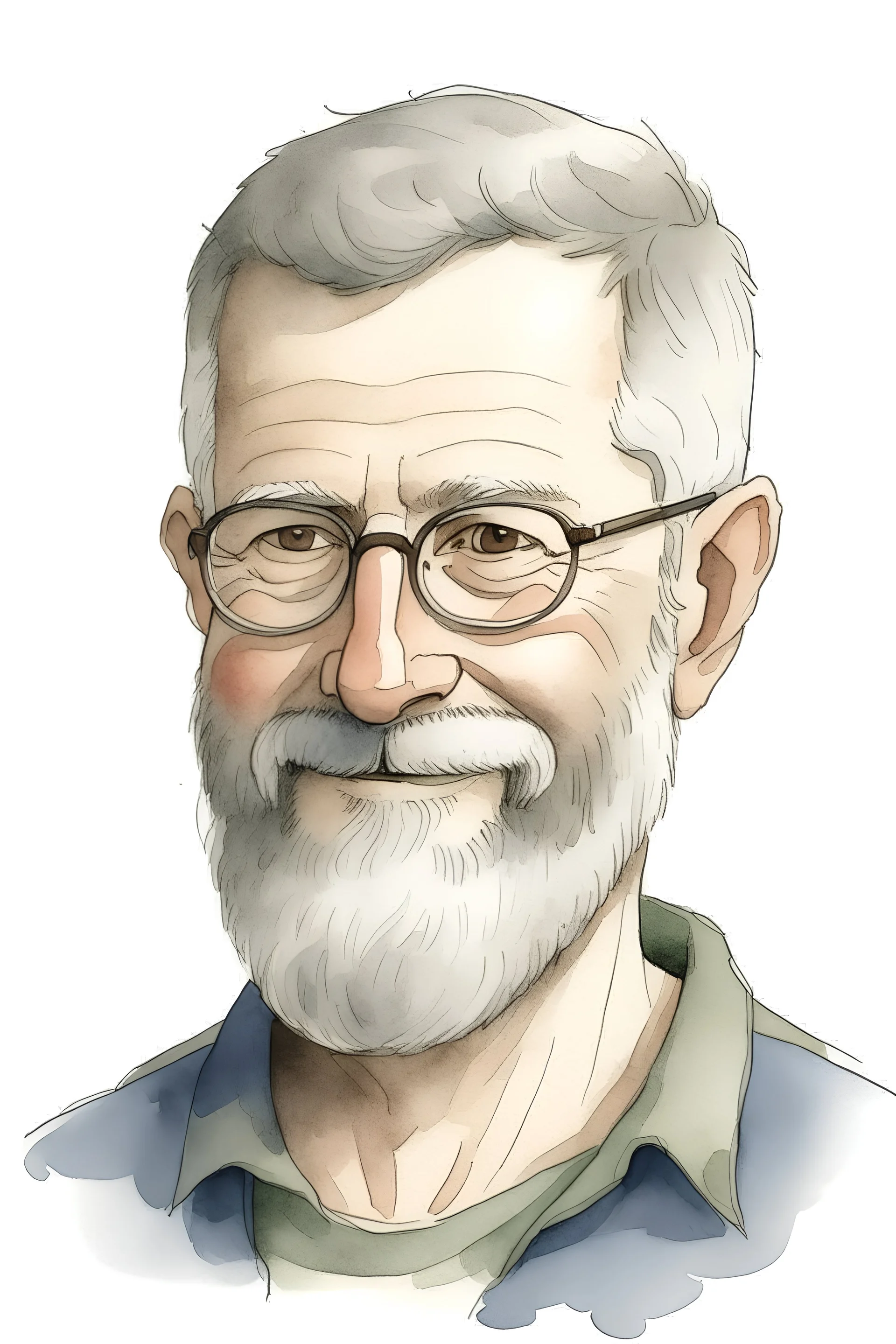 A very simplified and not much detailed impresjonist watercolor portrait of a slightly gray-haired man with short thinning hair (55 years old) in glasses with a thick frame. The man has a very short beard and a smile. The illustration should be simplified for a book for 2-3 year old children. The illustration must be very simplified.
