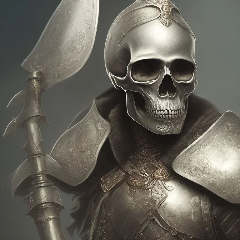 Skull headed knight with armor holding a big sword, standing still, smoke, realistic, 4K, High Definition, Centered