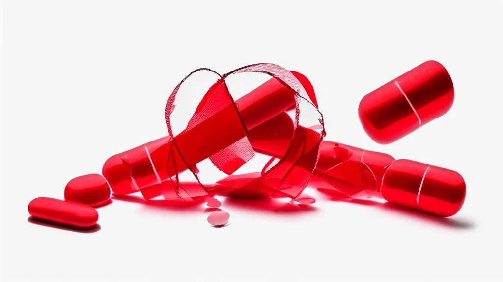 a bubble pack of red pills, next to torn red ribbon, on a white background