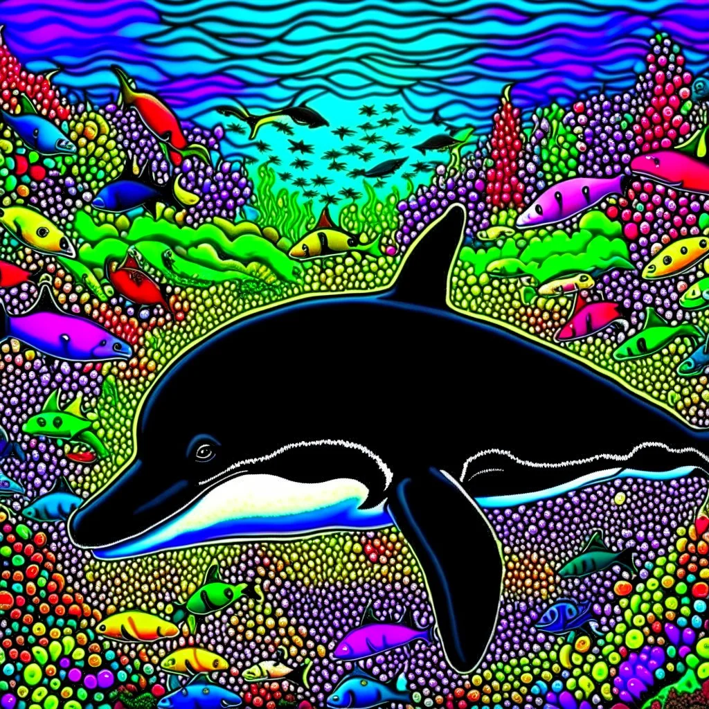 a very detailed orca in the ocean surrounded by a school of little fishes. Realistic, underwater world, enchanting, dangerous, colorful.