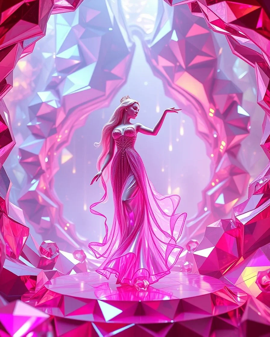 very complex structure ,pretty viberating color environment 3d metalic and crystal recursive animating beveled geometric base very complex structure future world evolving background and goddess of love in a pretty cleric dress comes out dancing gracefully , viberating color moving very in modern city escap environment while camera tracking it.