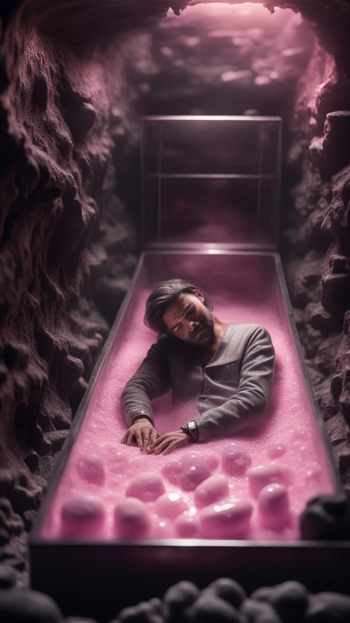 full body portrait of soap star sleeping inside a full size glass casket sarcophagus filled with calm transparent pinkish embalming liquid inside coal mine shaft,bokeh like f/0.8, tilt-shift lens 8k, high detail, smooth render, down-light, unreal engine, prize winning