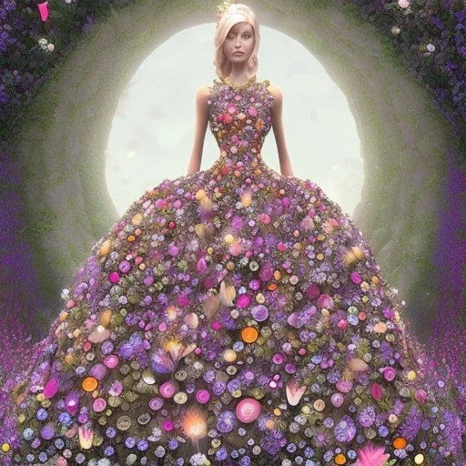 haute couture dress made of flowers ,starlight, butterflies,ladybug