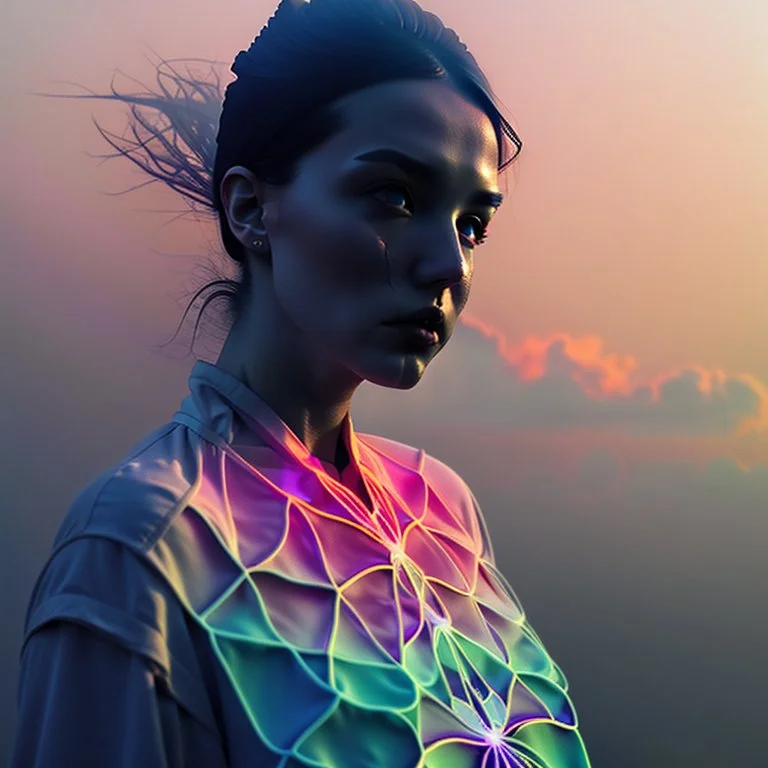 smoke plumes, clouds, smog, city scape with pollution, woman, double exposure photography, colourful nature, clean sharp focus, on white background, Fractal Geometry buildings, sacred geometry