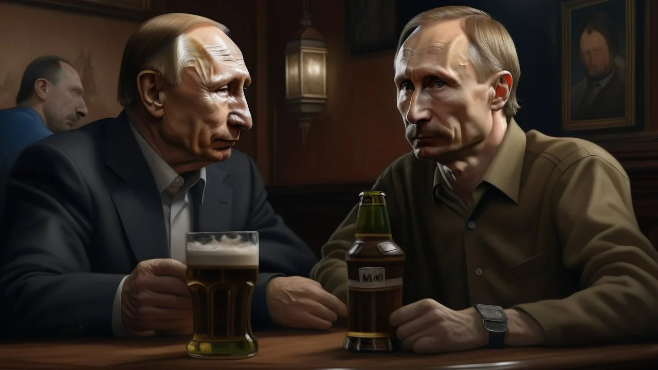 4k full realism. Vlodomir Zelinski boit un verre de bière avec Vladimir poutine