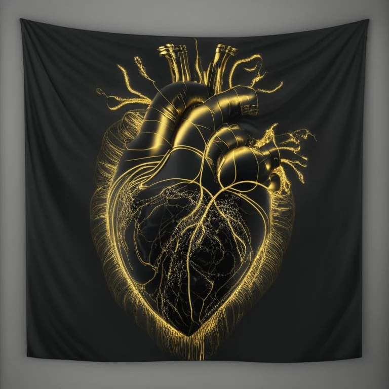 electric heart in black and golden tapestry