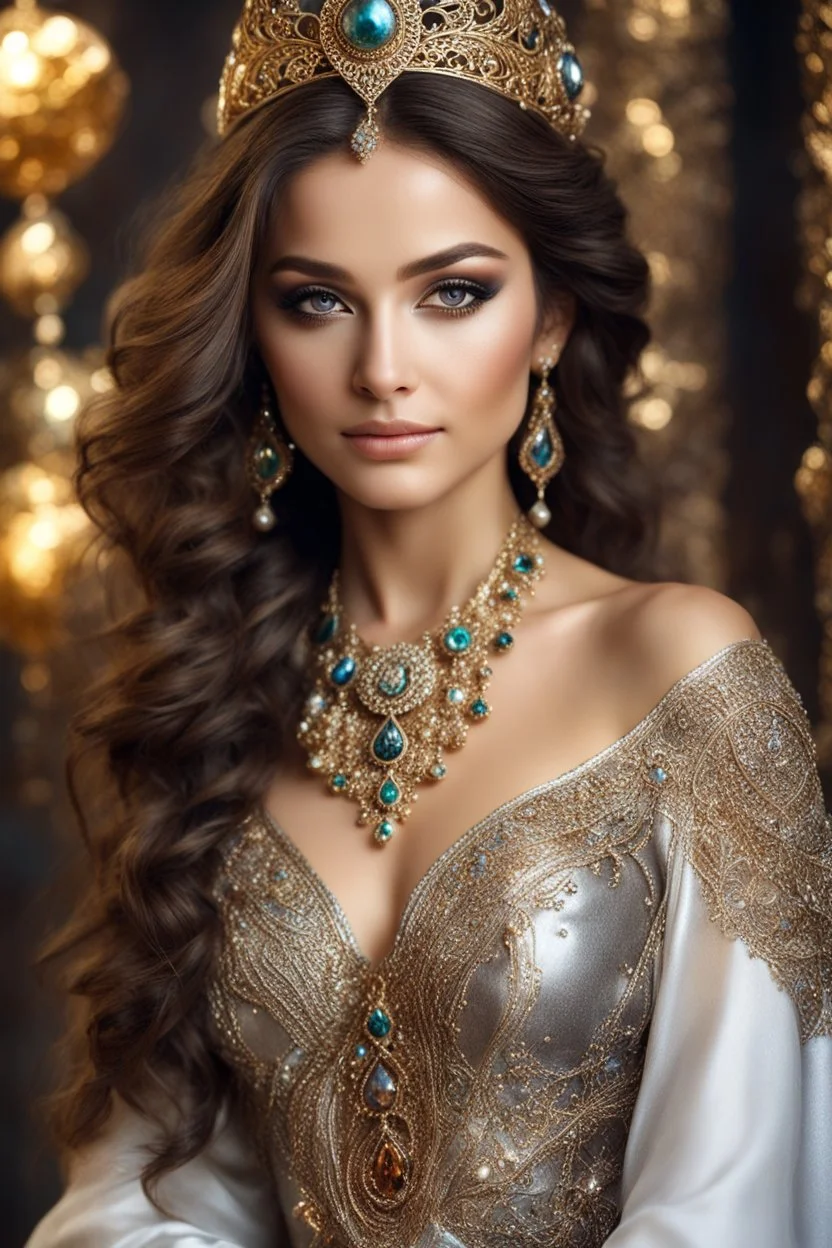 Excellent pose gorgeous photography art,cinematic realistic colors,soft blur ,natural beauty, of young woman, smiling, beautiful, shiny grey eyes, make up,Queen Persian style, shiny baubles, ornate, large gemstones, shiny molten metalics, shiny wire filigree, brown hair, high definition,photography art