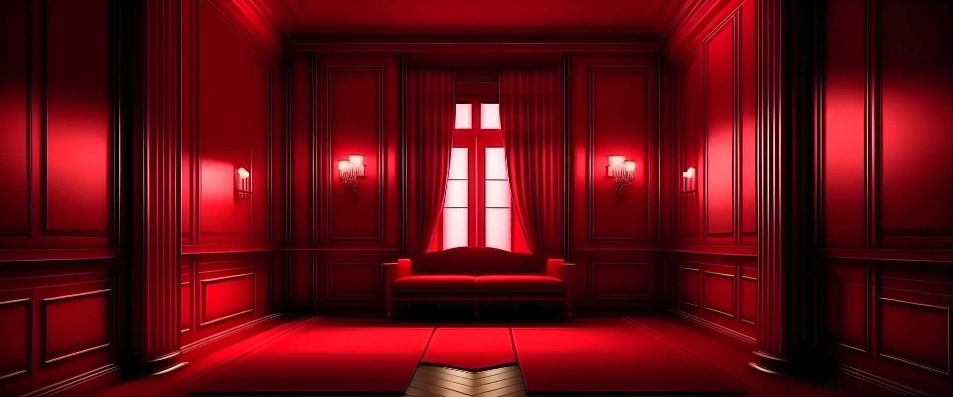 Attractive red room 3d background. Low light and shade vignette. Dramatic interior. Ruby color.