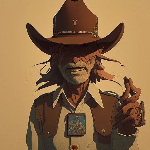 old RUGED cowboy sherif face hat .studio ghibli,andrea bonelli,Kilian Eng, style.