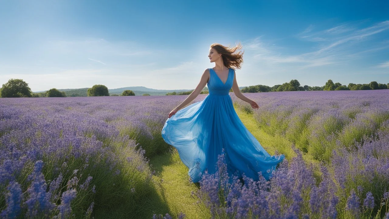 A serene scene of a woman in a flowy blue dress, standing in a field of vibrant blue flowers under a clear summer sky, the air filled with the scent of blooming lavender and jasmine, capturing a moment of pure euphoria.