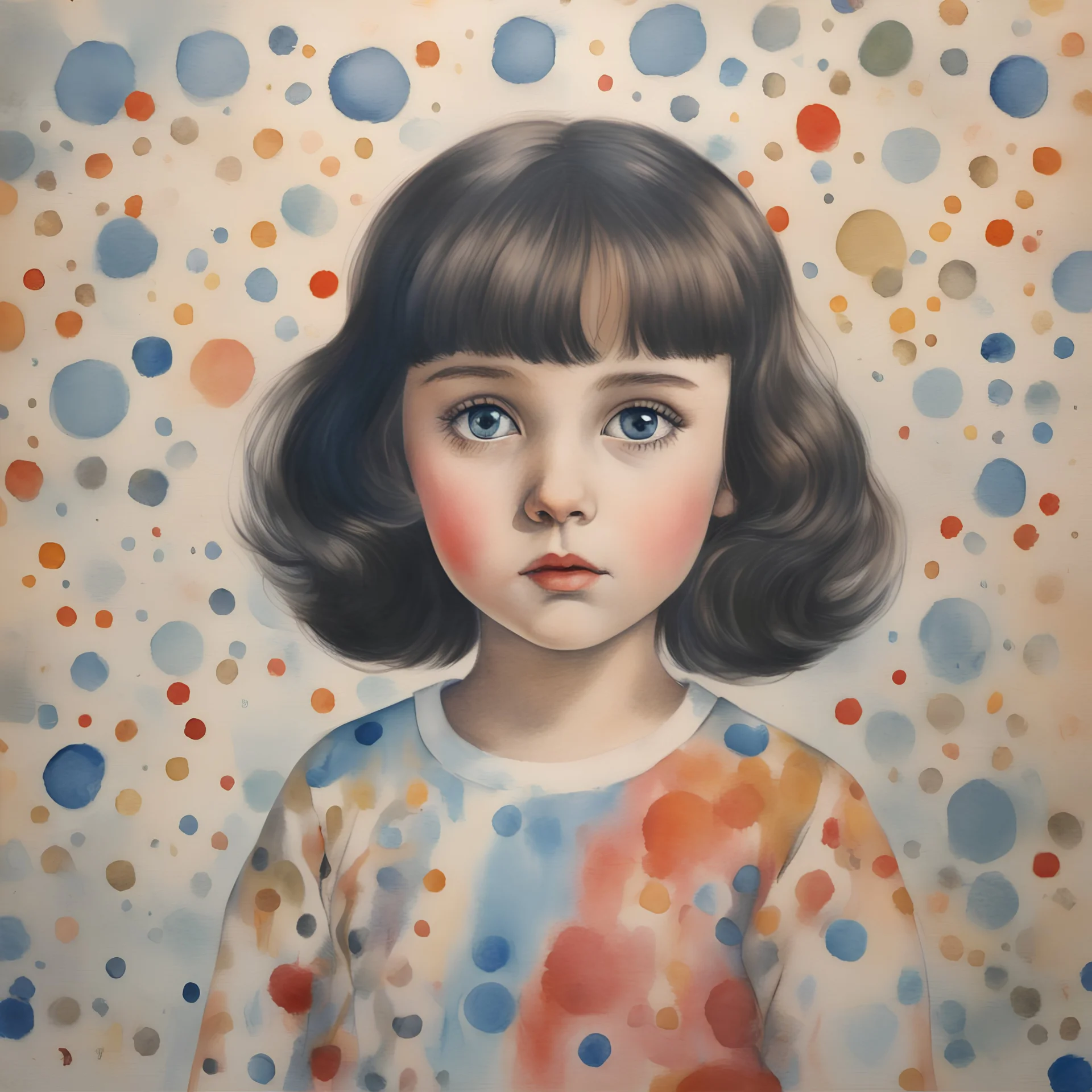 1970s, Isabelle adjani, little girl,in the style of Margaret Keane, watercolor dots in the background