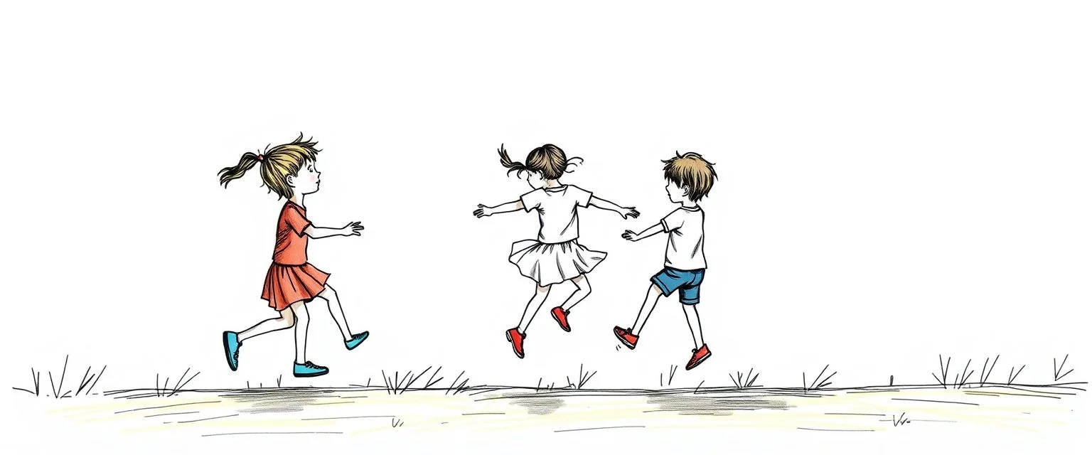 hand drawn of children playing follow the leader and leapfrog