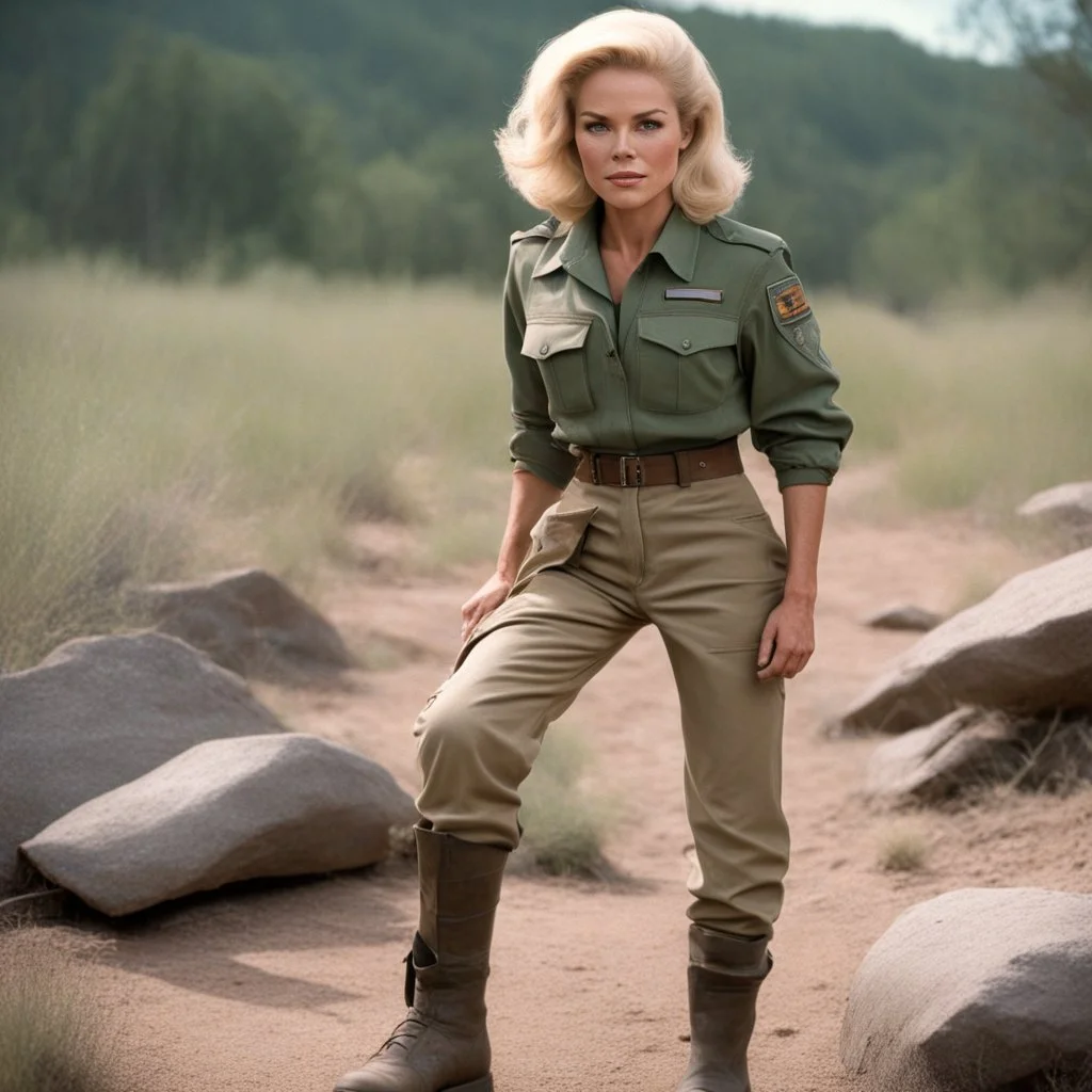 Sandra Dee as a female ranger with army boots [in the wild]