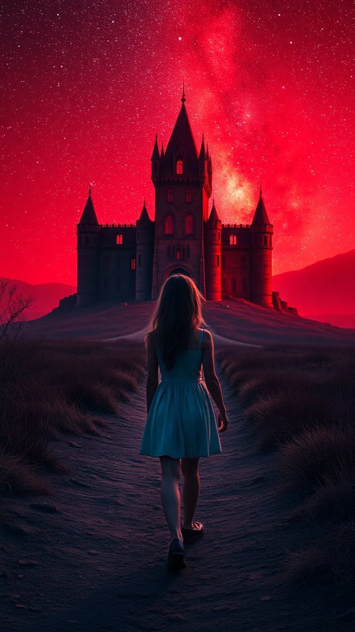 A beautiful girl walking with an alien both their hands on both shoulders from rear view , they are walking toward a an red big old abandoned castle in a distance ,in romantic themes in the background is a vivid red sky stars and milky way galaxy and the blighting creates a dramatic and otherworldly atmosphere