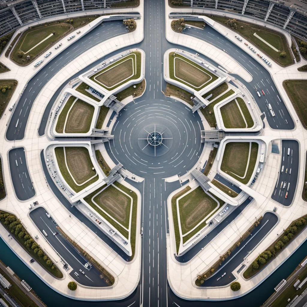 Symmetrical aerial view of an ant-shaped airport, spectacular, impressive, ultra quality, maximalist, 8k 3D