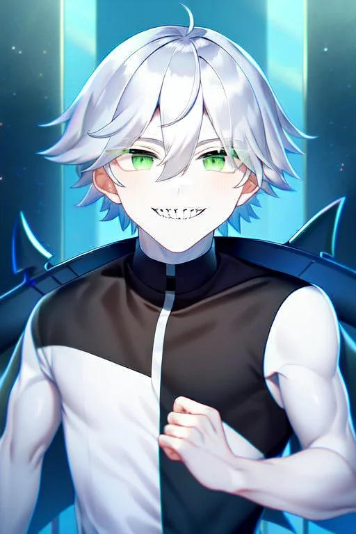 plauge doctor in balck leather clothes with silver hair, pale skin and bright green eyes smiling with sharp teeth, nice young face, male, viscious smile