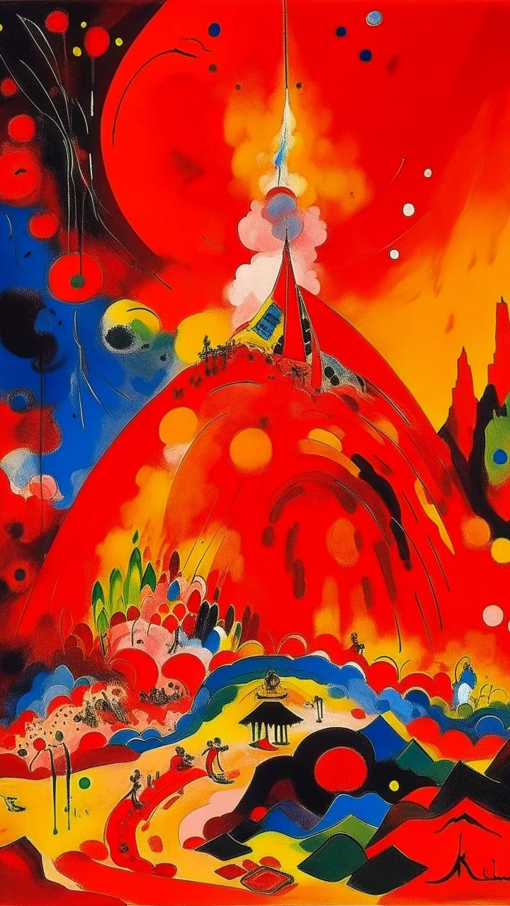 A red volcano with chaotic fire painted by Wassily Kandinsky