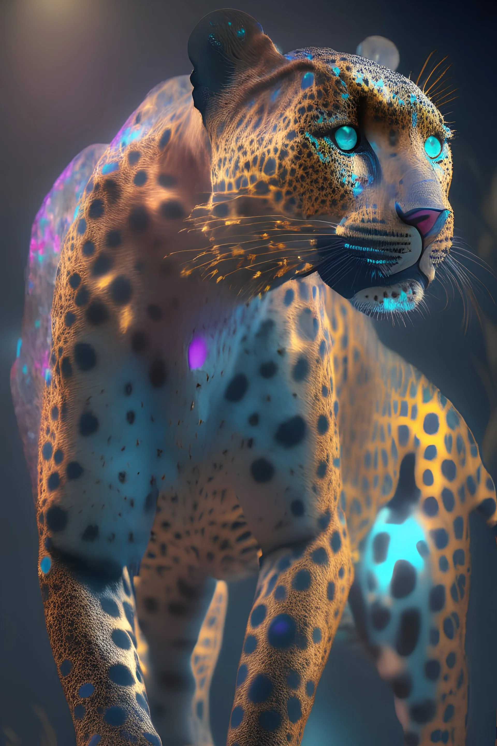 Zanzibar leopard Yowie, volumetric lighting, particales,highly detailed,cinamatic, deep colours,8k