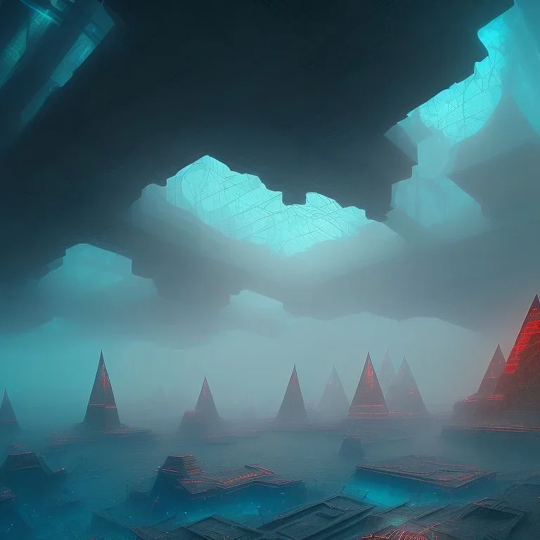 sci-fi city underwater with pyramids and ancient writings, mood is gloomy, colors include blue and red and green, shafts of lighting, mist, , photorealistic, concept art, volumetric light, cinematic