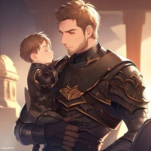 Boy wearing leather armor protecting family